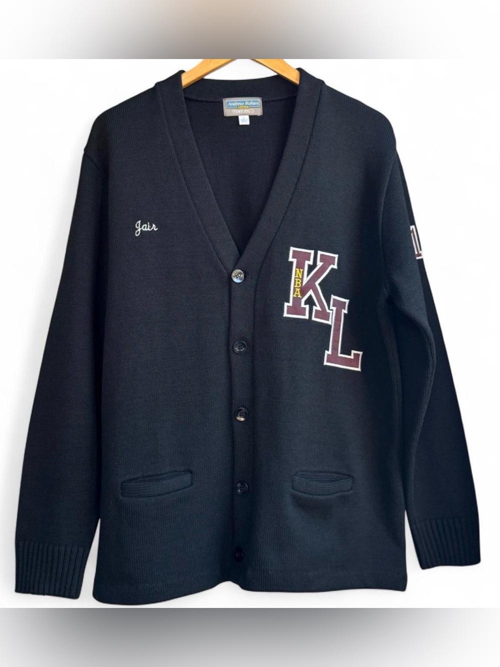 Varsity Knit Cardigan Black KL NBA Letter Patch Personalized "Jair" Sz L